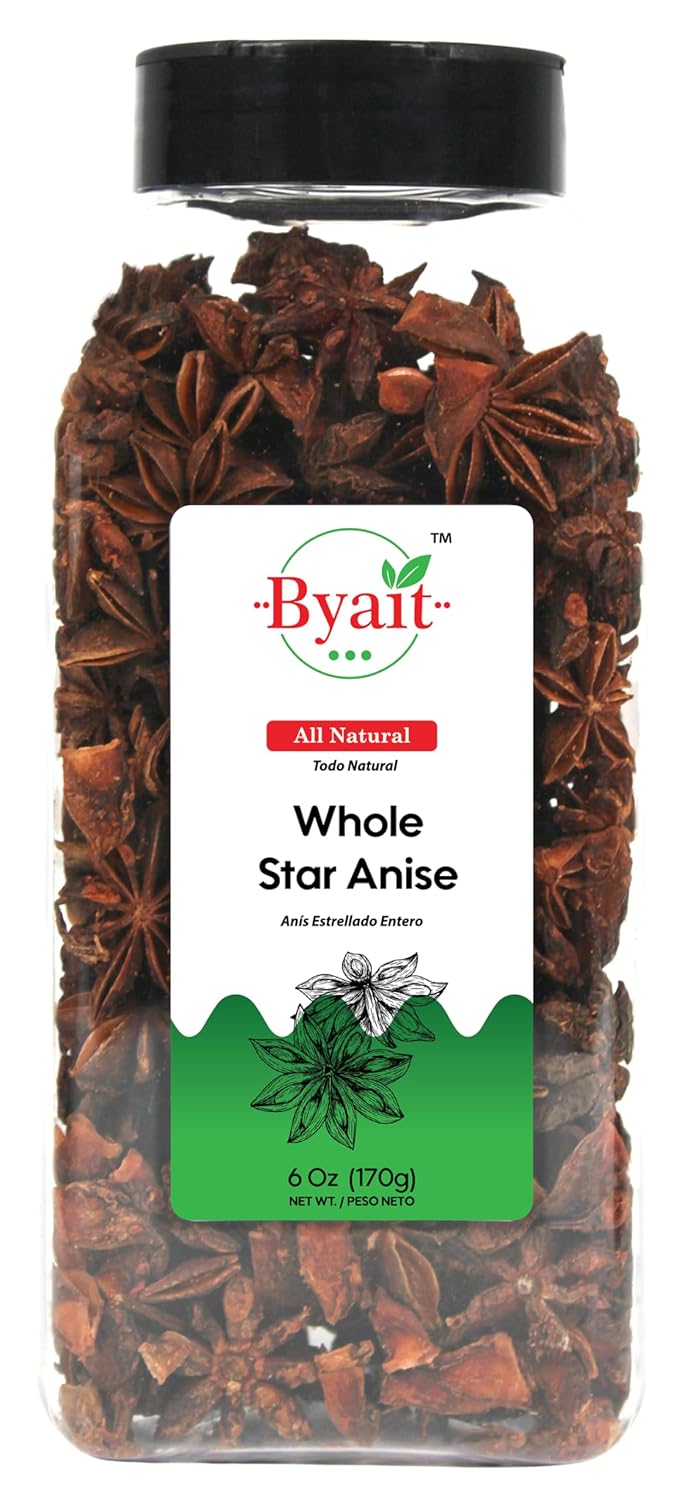 Byait Whole Star Anise pods in a 6 oz bottle on a kitchen counter