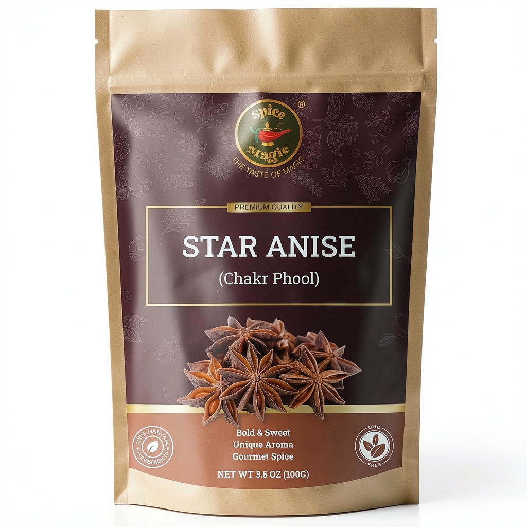 Spice Magic Star Anise whole pods displayed in a kitchen setting
