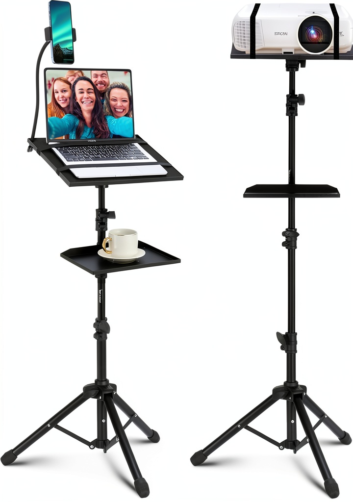 Adjustable projector tripod stand with multi-functional top tray