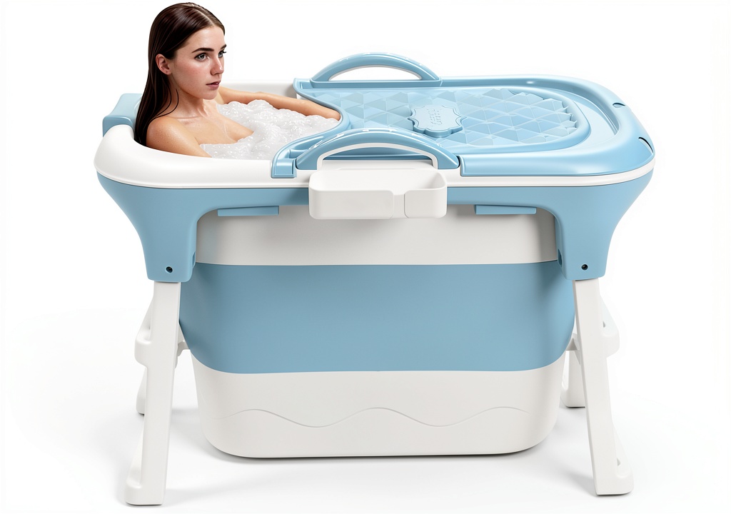 Juannia portable bathtub set up in a cozy bathroom
