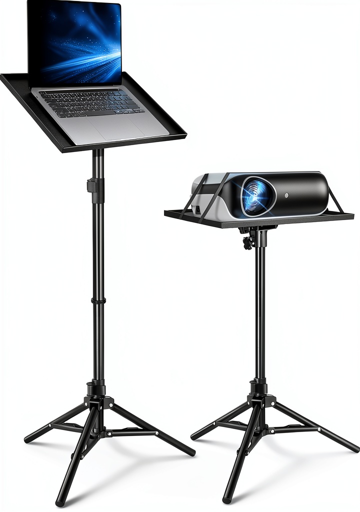 Lusweimi projector tripod stand with a projector and laptop on the tray